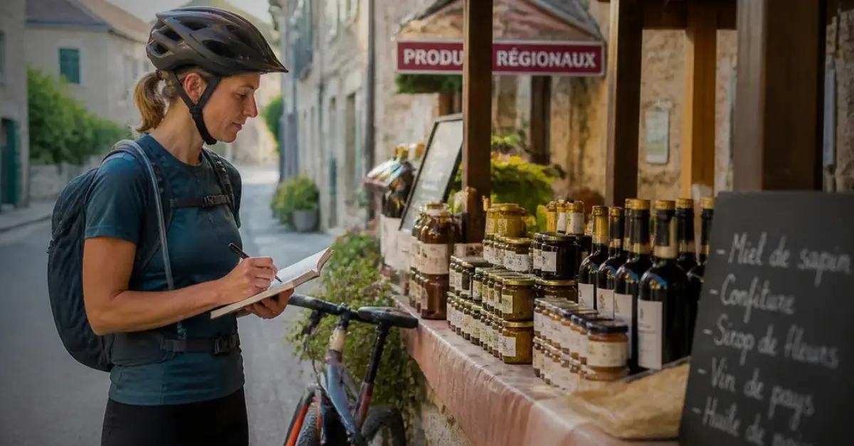 Une cycliste fait une pause près d'un étal de marché de village et note ses impressions dans un carnet